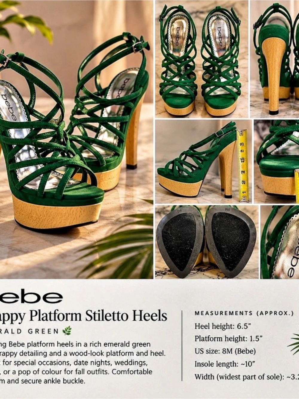 Bebe | Strappy Platform Stiletto Heels | Emerald Green 🌿 | US 8M